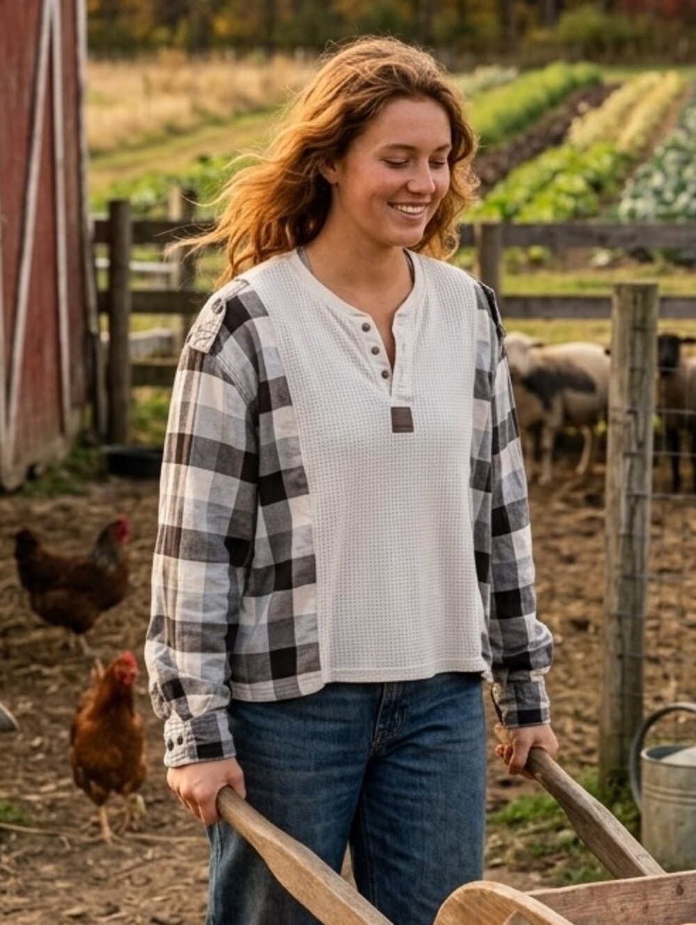 Old Navy Cream Waffle Henley Buffalo Plaid Sleeves Oversized Women Sweater L